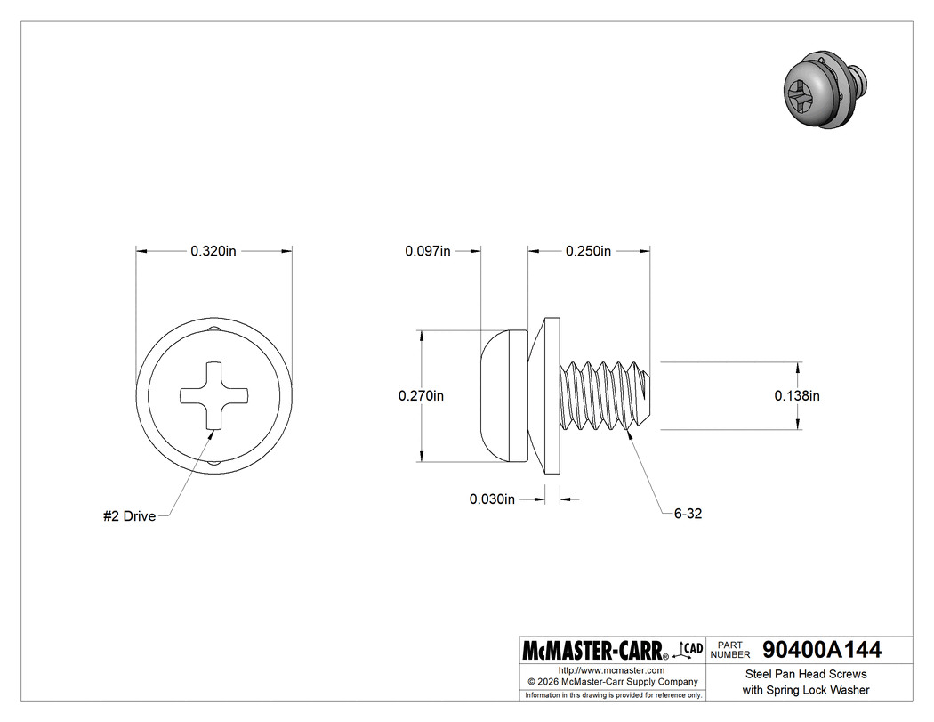 Technical Drawing of Steel Pan Head Screws with Spring Lock Washer, 6-32 Thread Size, 1/4" Long.